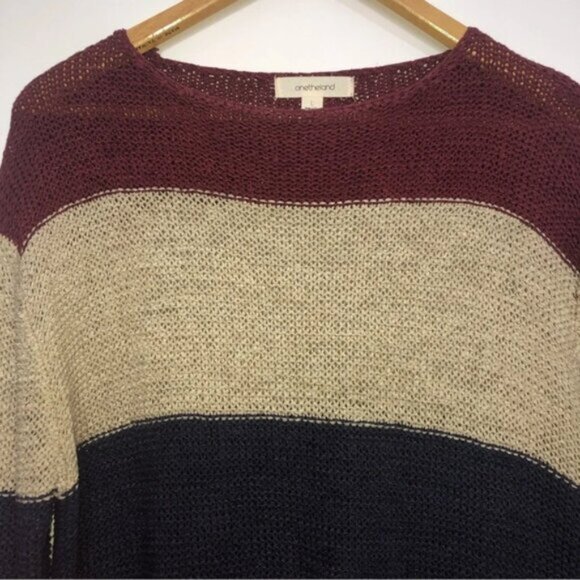 Onetheland Tunic Sweater L Wine Tan Blue Blocks Stripe  Fringe Bottom Knit - Picture 7 of 11